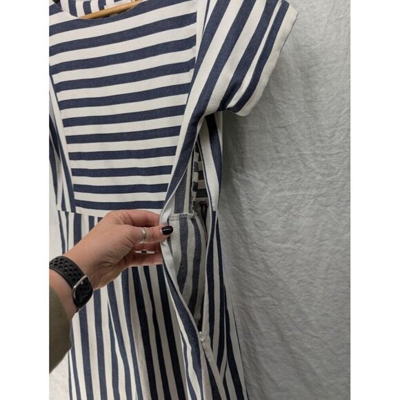 Clad & Cloth Bib Dress Size Small Navy Blue and Cream Striped pockets K8 - Picture 6 of 9